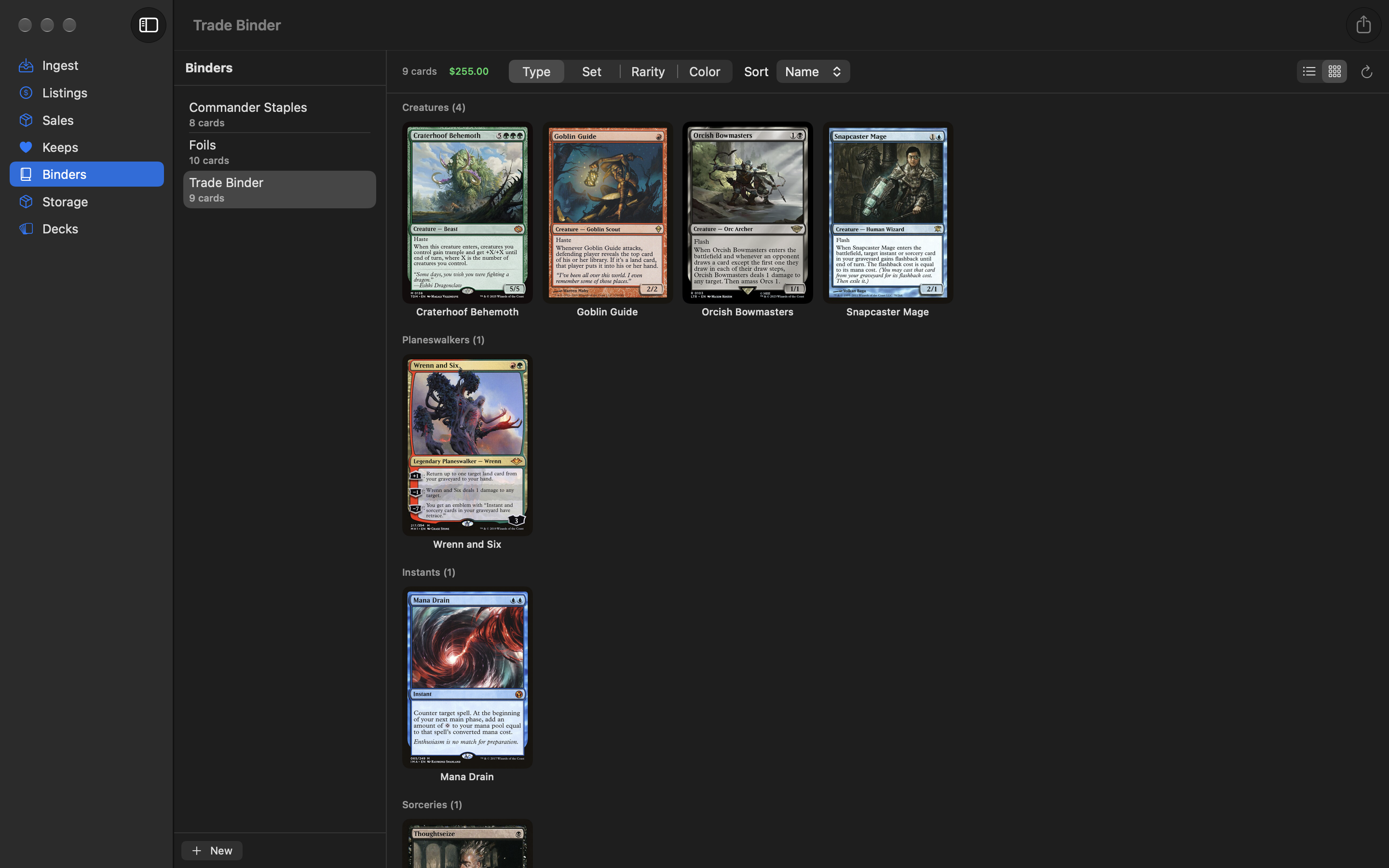 A binder open in the Binders section, showing the binder list on the left and the binder's cards as a grid on the right with card count and total value.