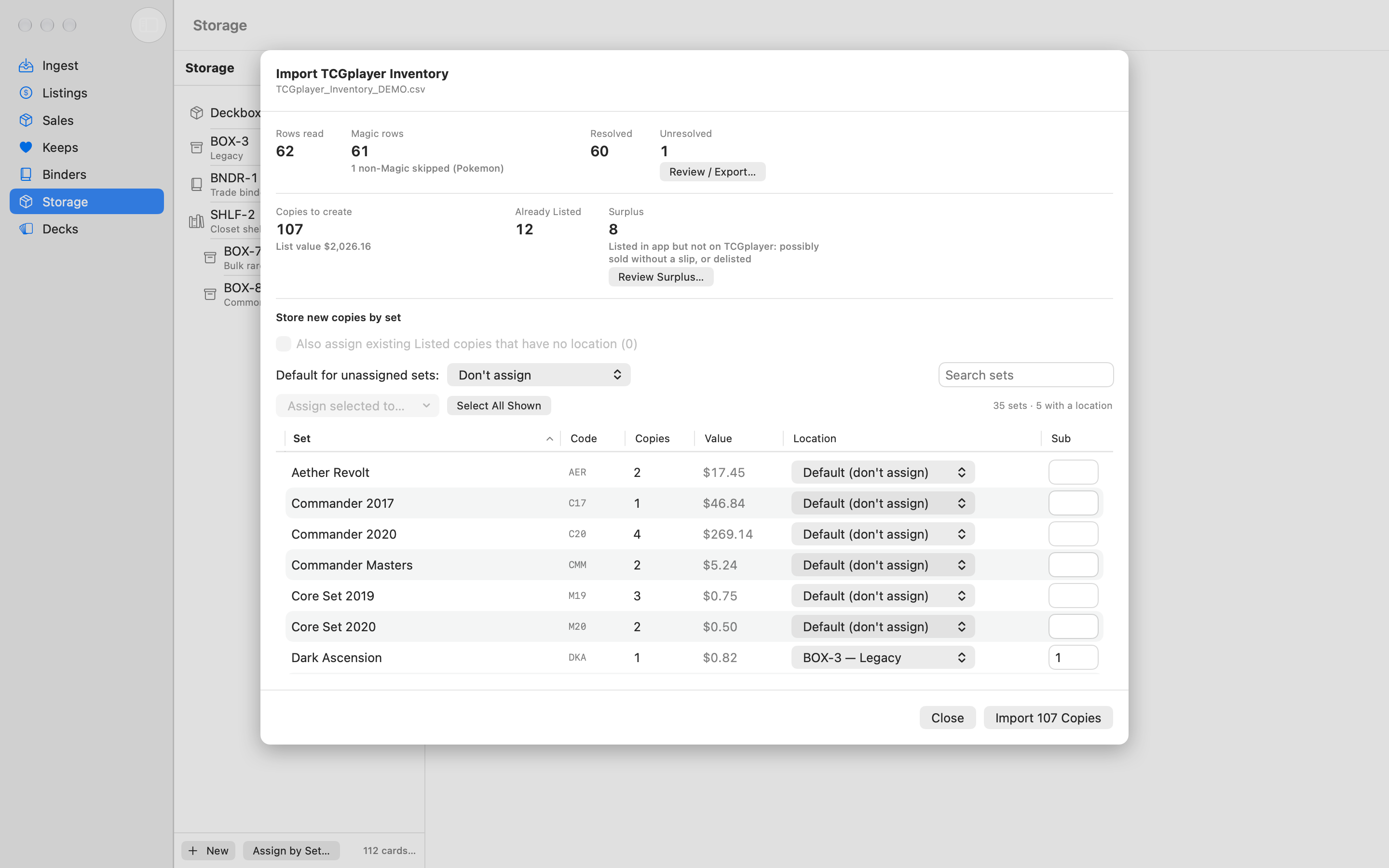 The Import TCGplayer Inventory sheet: counts of rows read, resolved, and unresolved; copies to create, copies already Listed, and surplus; and a per-set table assigning each set's new copies to a storage location.