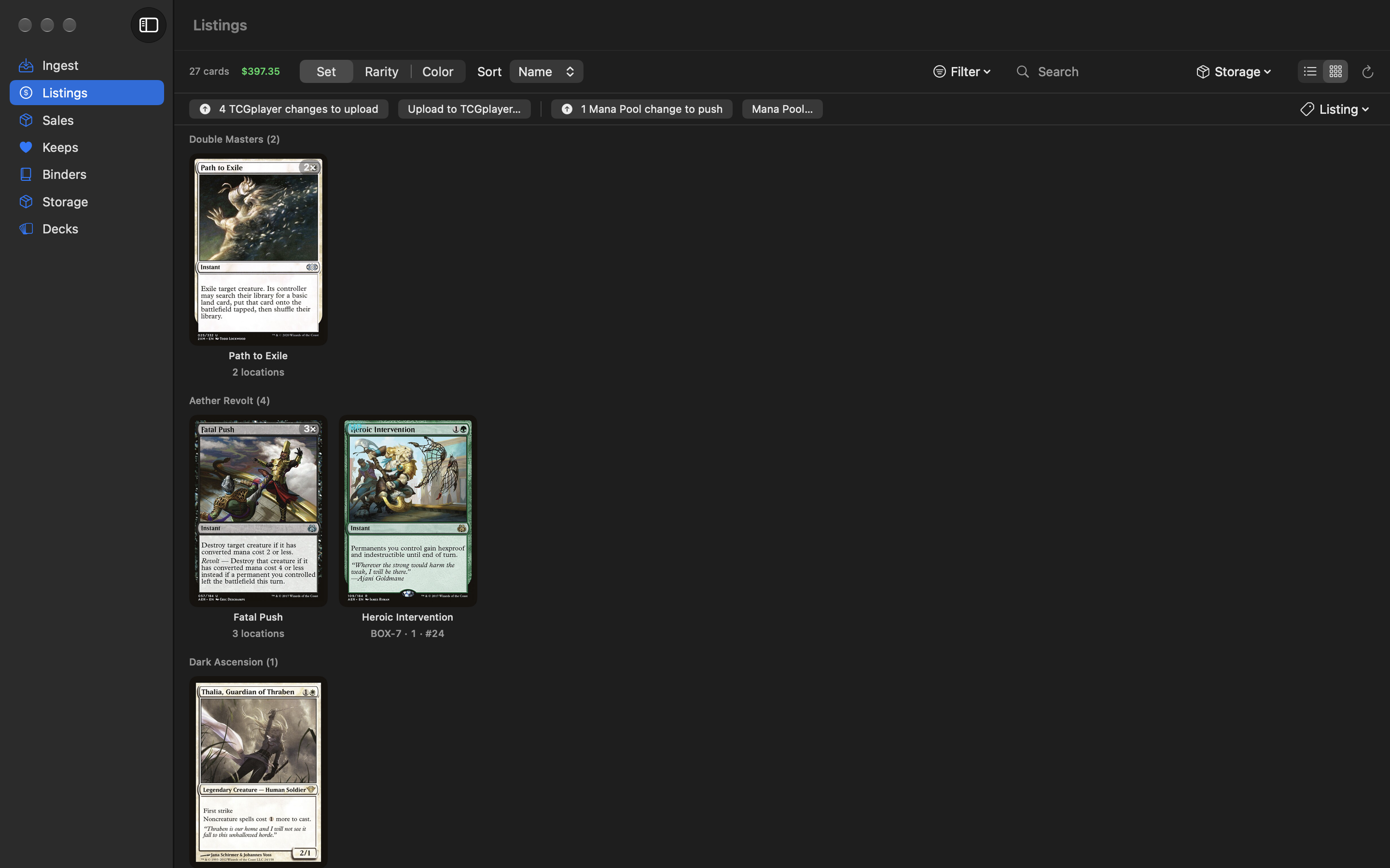 The Listings section showing cards in the Listed pile as a grid of card images grouped by set, with the total card count and live value in the toolbar.